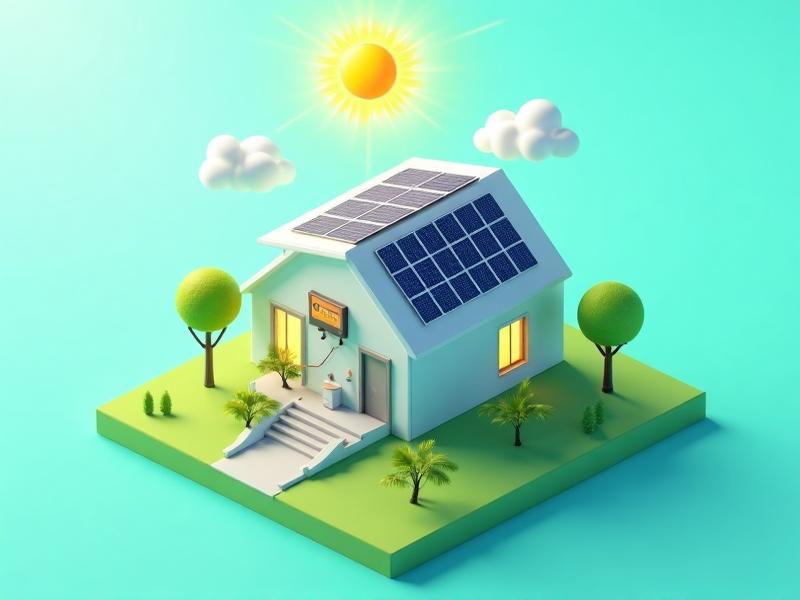 Isometric illustration of modern home with solar panels, battery backup, and power meter on floating platform with trees
